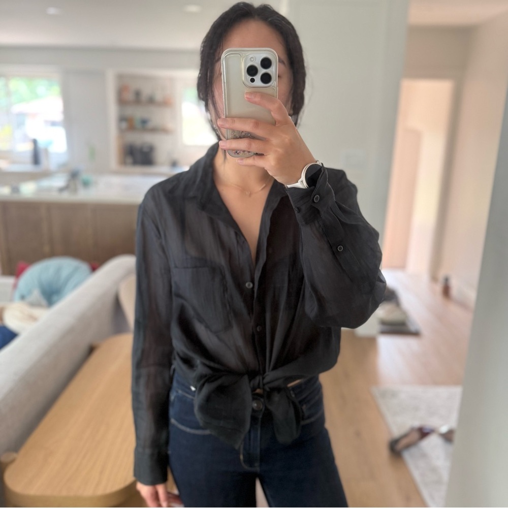 Oversized Black Sheer Button-Up Blouse - small